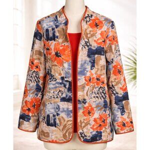 Alfred Dunner Floral Quilted Jacket Orange/Blue Open Front Lightweight Size 16
